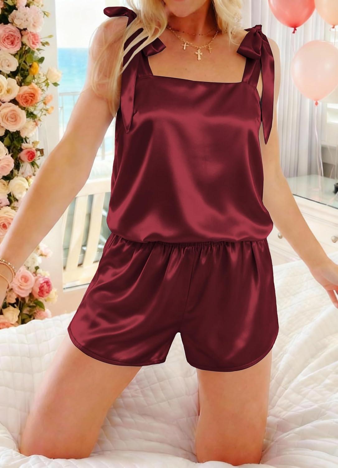 imageEkouaer Womens Silk Pajama Set Bow Tie Knot Tank Top Satin Pjs Sets for Bridal Party 2 Piece Cami Shorts Sleepwear SXXLWine Red