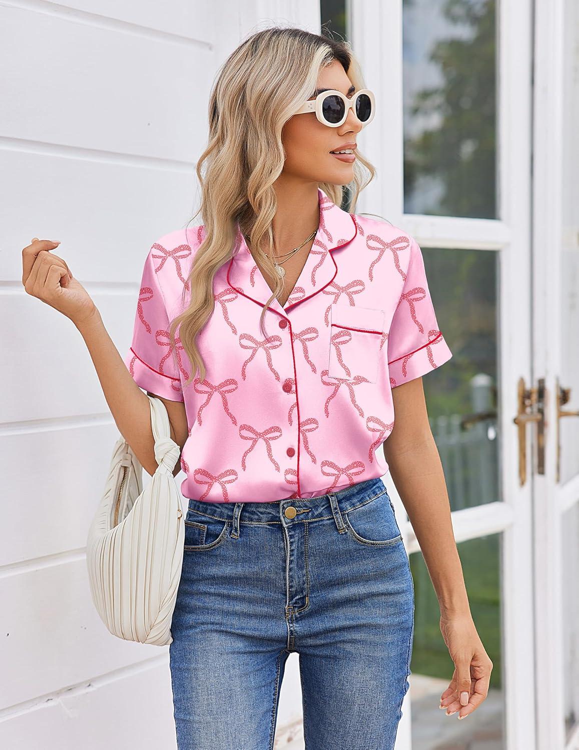 imageEkouaer Womens Silk Satin Pajama Sets 2 Piece Button Down Silk Pjs Shorts Sets Cute Print Short Sleeve Sleepwear S4XLPink With Red Bow