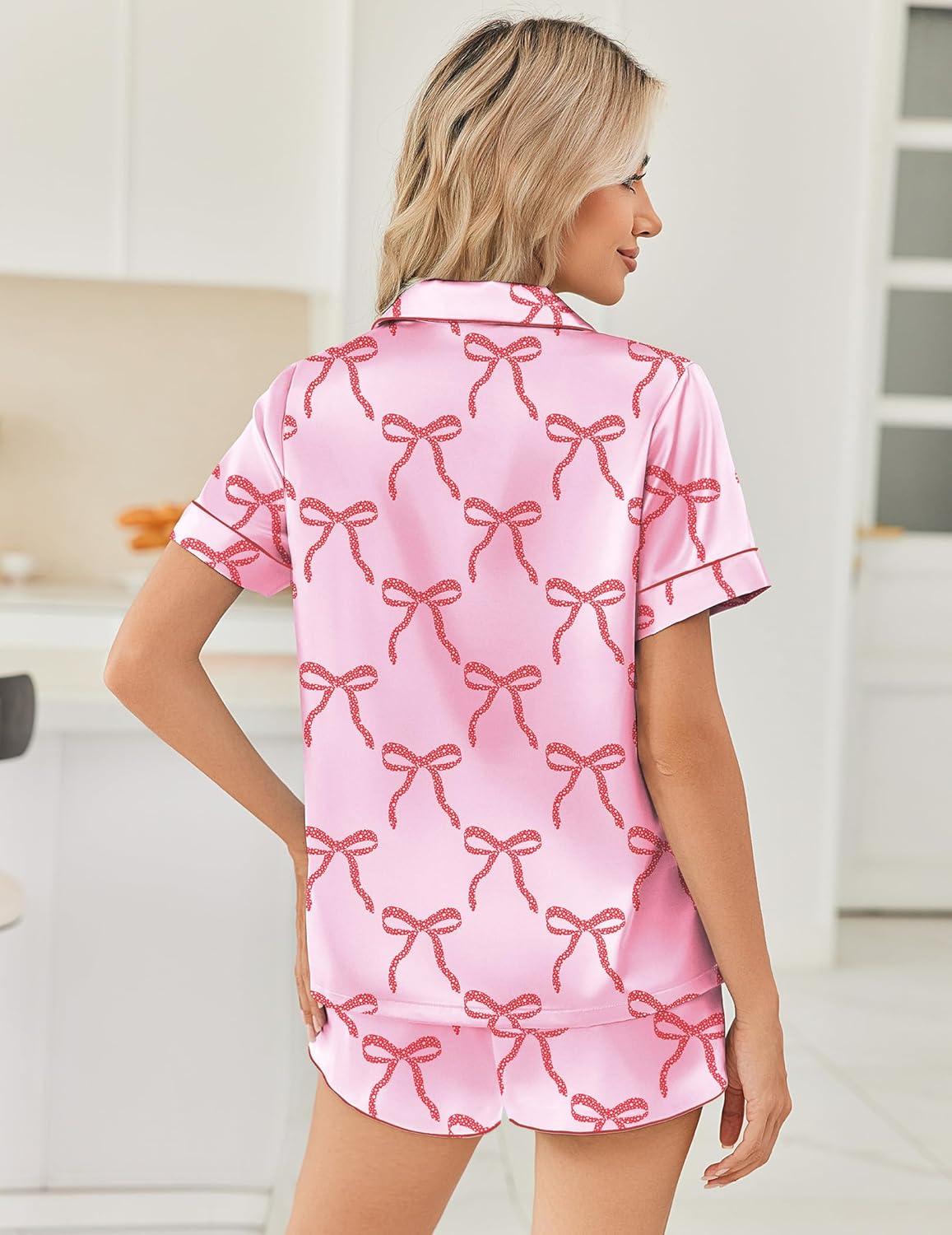 imageEkouaer Womens Silk Satin Pajama Sets 2 Piece Button Down Silk Pjs Shorts Sets Cute Print Short Sleeve Sleepwear S4XLPink With Red Bow