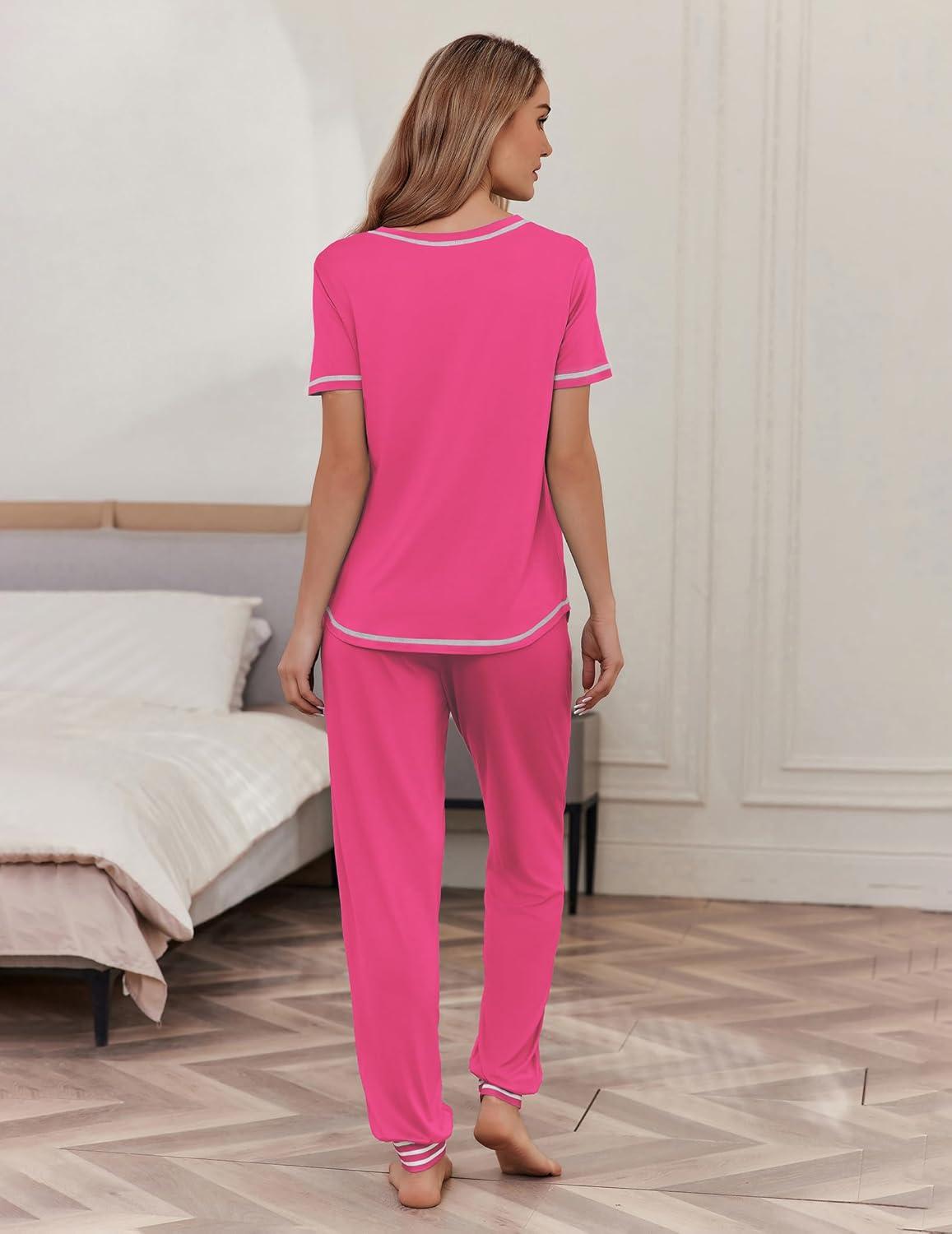 imageEkouaer womens pajama sets Short Sleeve Pjs Lounge Set 2 Piece Sleepwear with Long PantsHot Pink