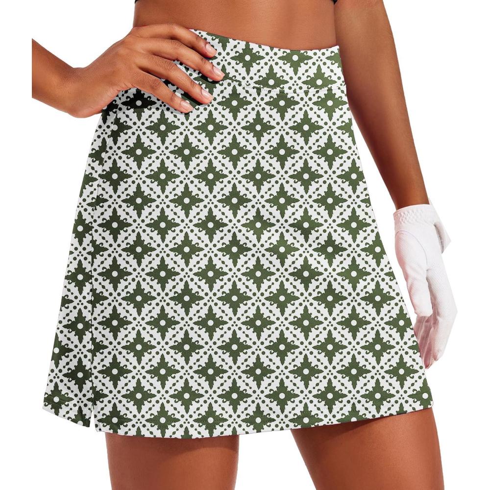 imageEkouaer 16 Golf Skorts for Woman with Inner Pockets Silicone Grippers Tennis Skirt Quick Dry Athletic Pickleball SkortGreen Pattern
