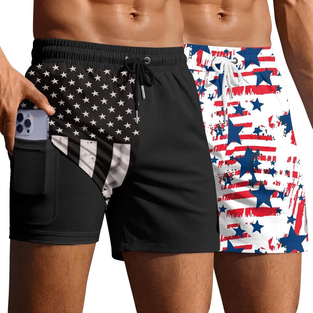 imageEkouaer 2 Pack Mens Swim Trunks 5 with Compression Liner 2 in 1 Board Shorts Quick Dry Bathing Suit Swimwear Zipper PocketAmerican FlagBlack American Flag