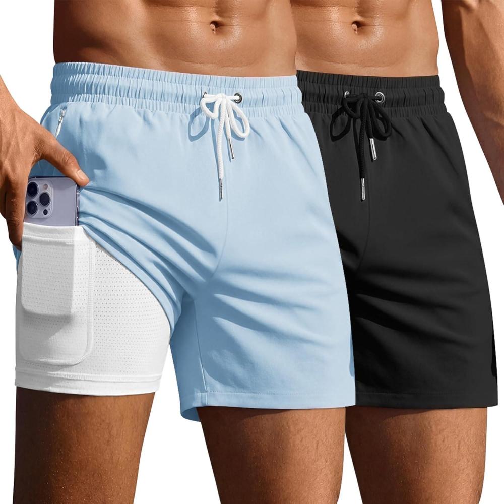 imageEkouaer 2 Pack Mens Swim Trunks 5 with Compression Liner 2 in 1 Board Shorts Quick Dry Bathing Suit Swimwear Zipper PocketBlackLight Blue