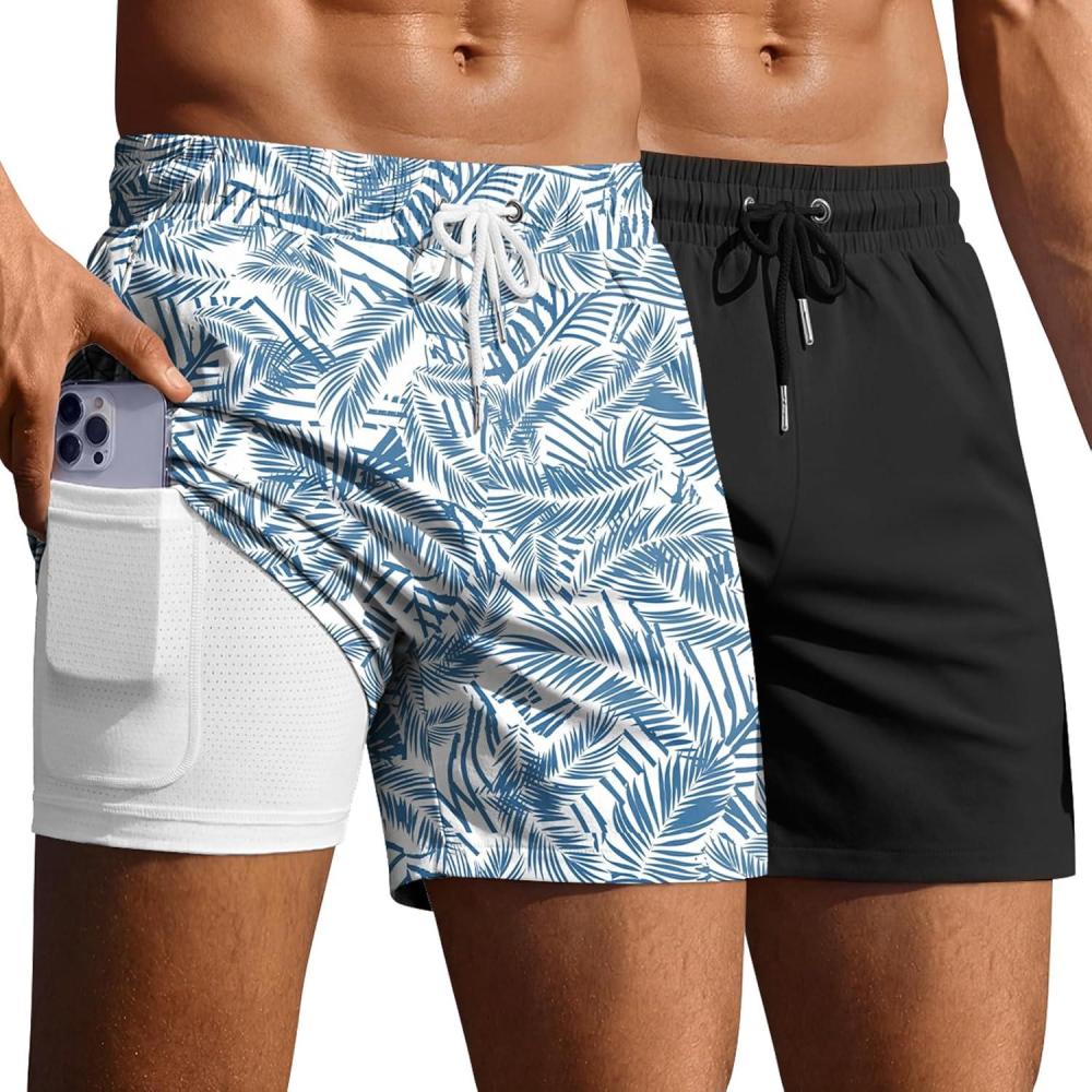 imageEkouaer 2 Pack Mens Swim Trunks 5 with Compression Liner 2 in 1 Board Shorts Quick Dry Bathing Suit Swimwear Zipper PocketBlackPlant Leaves