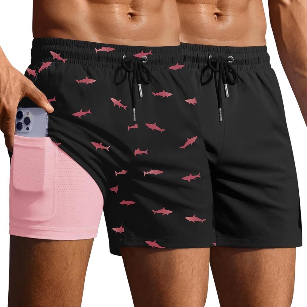 imageEkouaer 2 Pack Mens Swim Trunks 5 with Compression Liner 2 in 1 Board Shorts Quick Dry Bathing Suit Swimwear Zipper PocketBlackShark Black