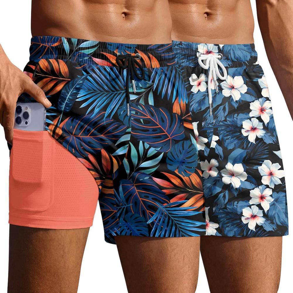 imageEkouaer 2 Pack Mens Swim Trunks 5 with Compression Liner 2 in 1 Board Shorts Quick Dry Bathing Suit Swimwear Zipper PocketHawaii Floral NavyTropical Leaves Orange