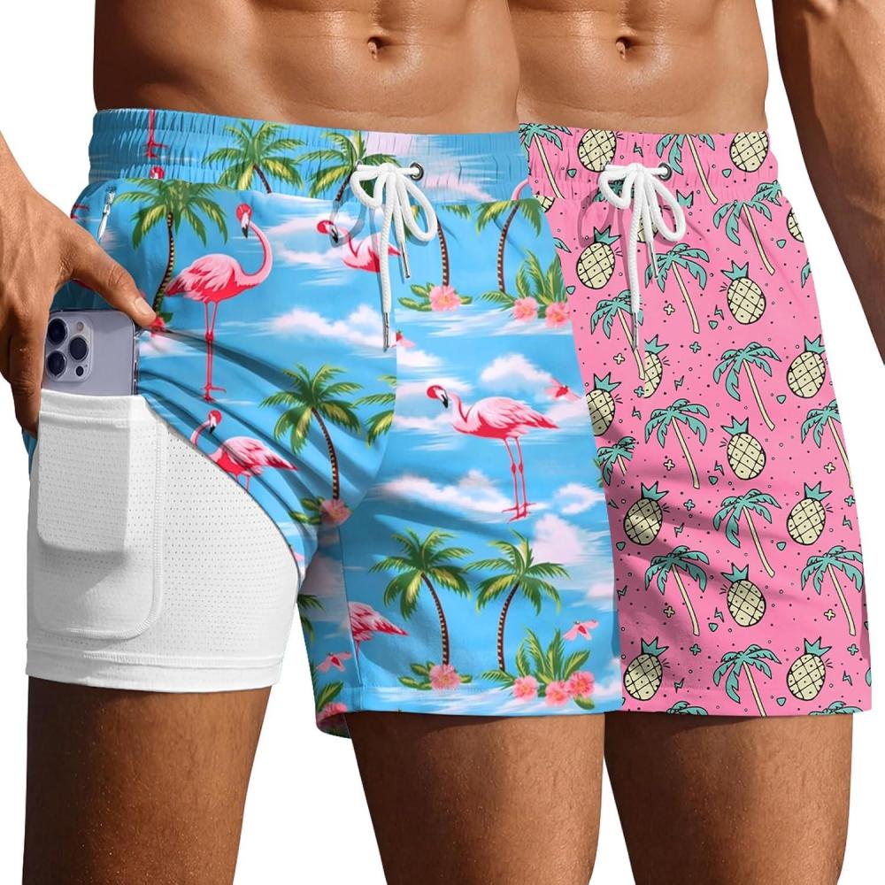 imageEkouaer 2 Pack Mens Swim Trunks 5 with Compression Liner 2 in 1 Board Shorts Quick Dry Bathing Suit Swimwear Zipper PocketPinapple Palm PinkFlamingo Blue