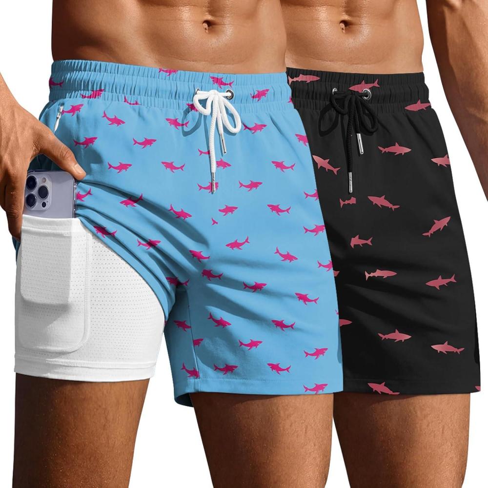 imageEkouaer 2 Pack Mens Swim Trunks 5 with Compression Liner 2 in 1 Board Shorts Quick Dry Bathing Suit Swimwear Zipper PocketShark BlackShark Turquoise