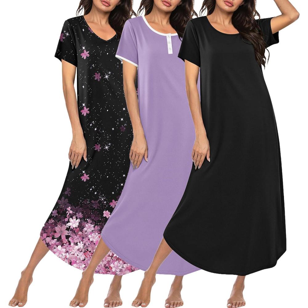 imageEkouaer 3 Pack Long Nightgowns for Women Plus Size Moo Moos Short Sleeve House Dress Button Night Gown Soft Sleepwear S5XLBlack FloralLight PurpleBlack