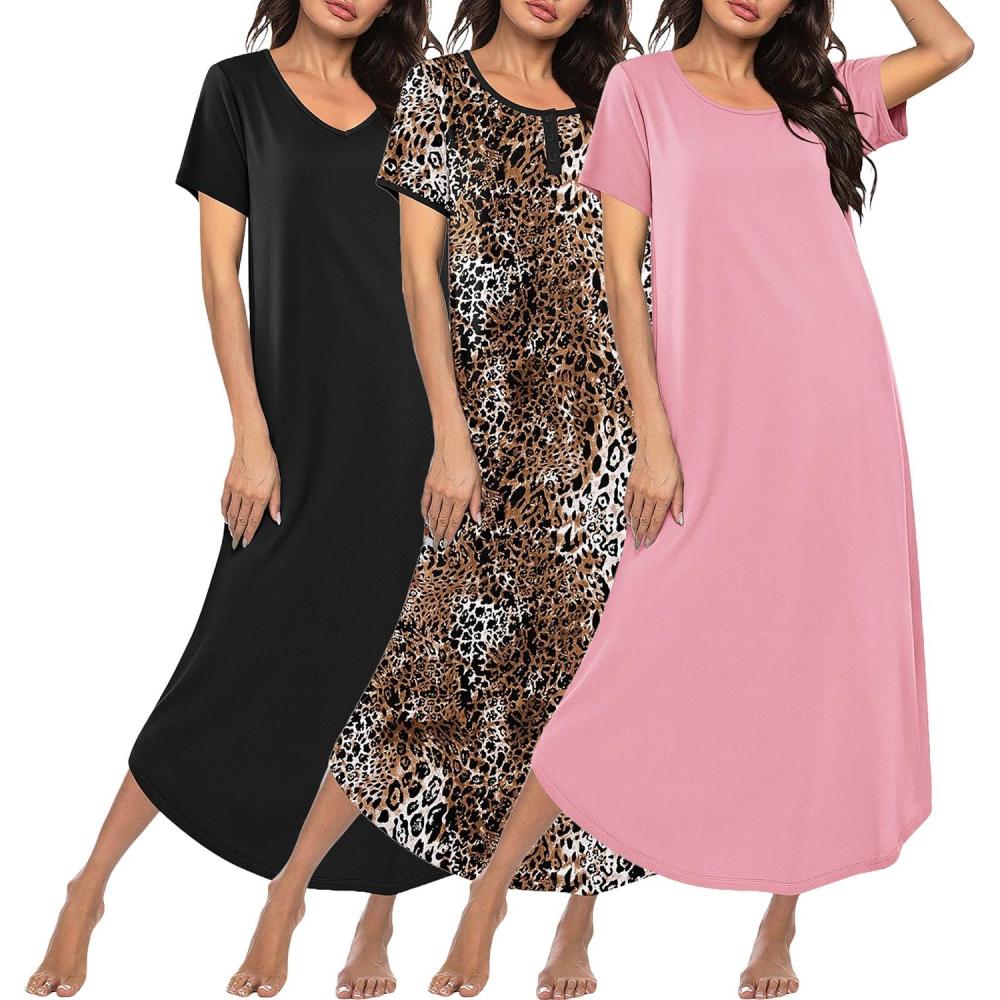 imageEkouaer 3 Pack Long Nightgowns for Women Plus Size Moo Moos Short Sleeve House Dress Button Night Gown Soft Sleepwear S5XLBlackLeopardPink