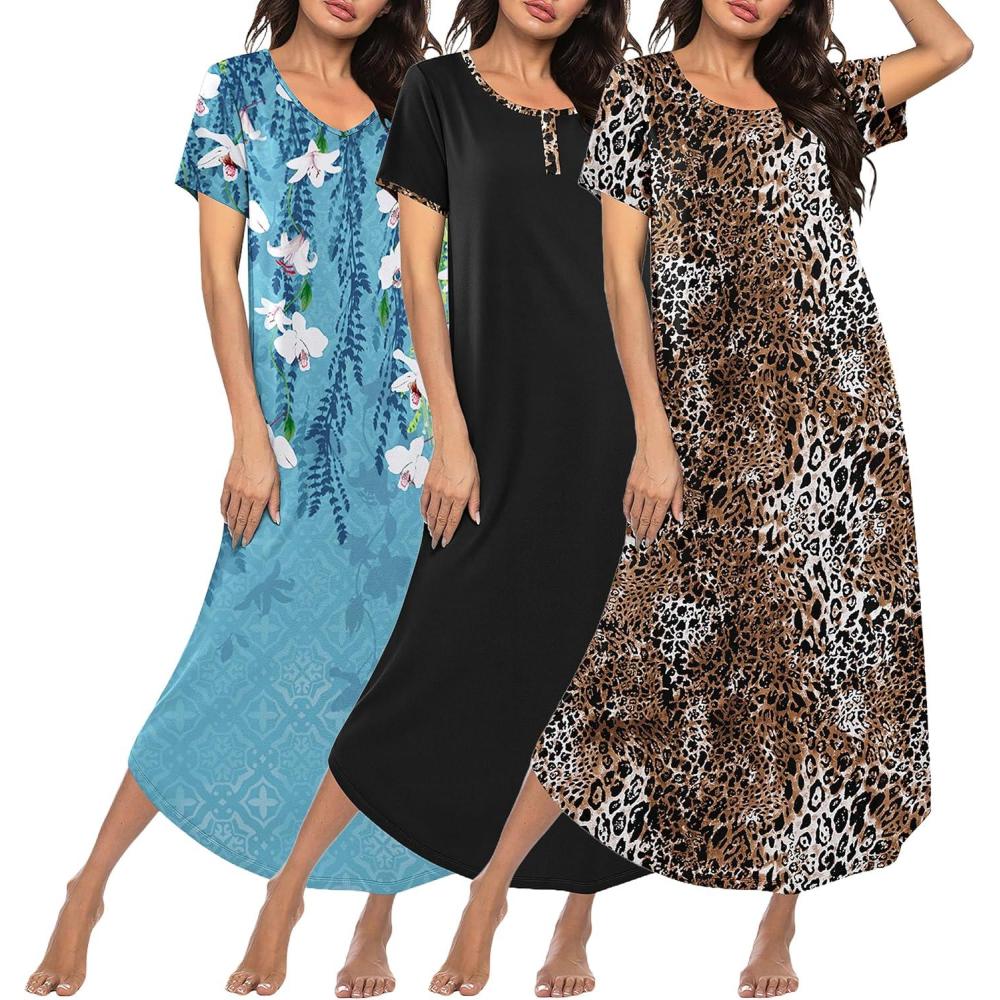 imageEkouaer 3 Pack Long Nightgowns for Women Plus Size Moo Moos Short Sleeve House Dress Button Night Gown Soft Sleepwear S5XLBlue FloralBlackLeopard