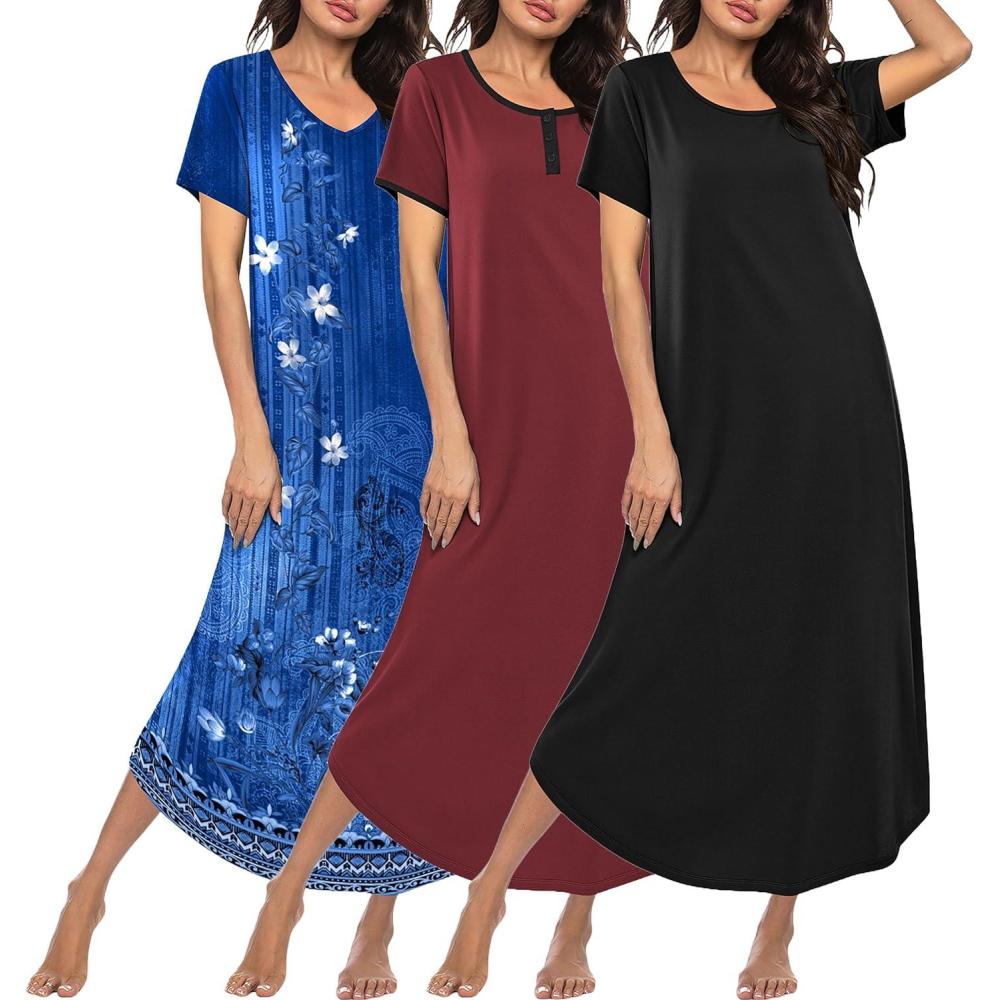 imageEkouaer 3 Pack Long Nightgowns for Women Plus Size Moo Moos Short Sleeve House Dress Button Night Gown Soft Sleepwear S5XLBlue FloralWine RedBlack
