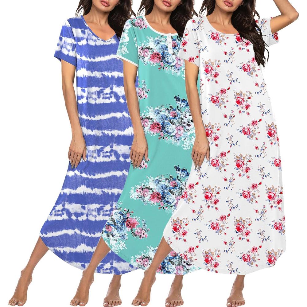 imageEkouaer 3 Pack Long Nightgowns for Women Plus Size Moo Moos Short Sleeve House Dress Button Night Gown Soft Sleepwear S5XLBlue StripedBlue FlowerWhite Flower