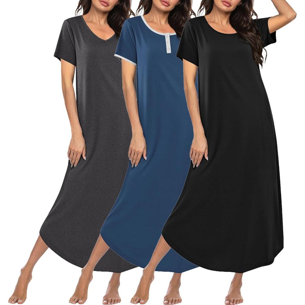 imageEkouaer 3 Pack Long Nightgowns for Women Plus Size Moo Moos Short Sleeve House Dress Button Night Gown Soft Sleepwear S5XLDark GreyBlueBlack