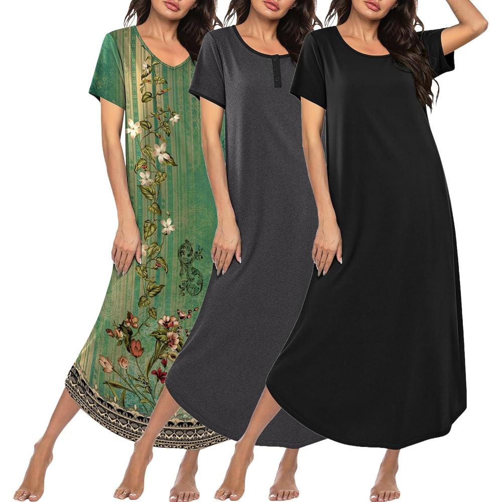imageEkouaer 3 Pack Long Nightgowns for Women Plus Size Moo Moos Short Sleeve House Dress Button Night Gown Soft Sleepwear S5XLGreen FloralDark GreyBlack