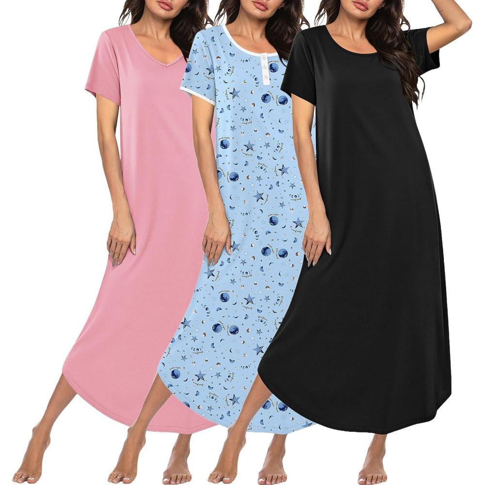 imageEkouaer 3 Pack Long Nightgowns for Women Plus Size Moo Moos Short Sleeve House Dress Button Night Gown Soft Sleepwear S5XLPinkBlue StarBlack