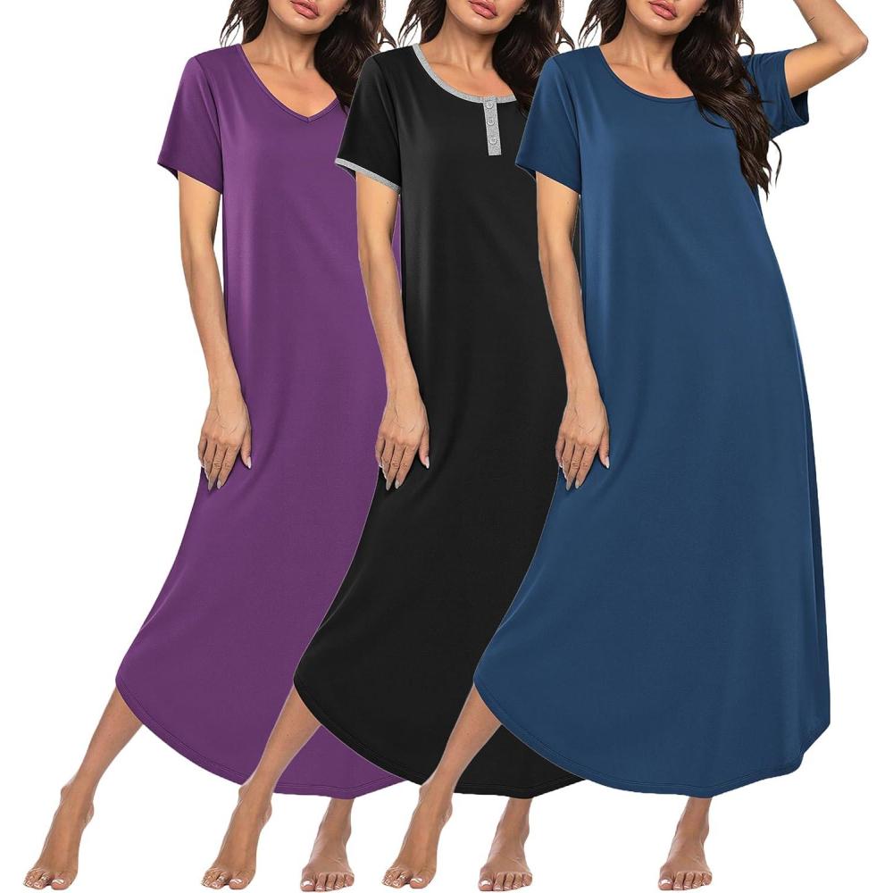 imageEkouaer 3 Pack Long Nightgowns for Women Plus Size Moo Moos Short Sleeve House Dress Button Night Gown Soft Sleepwear S5XLPurpleBlackBlue