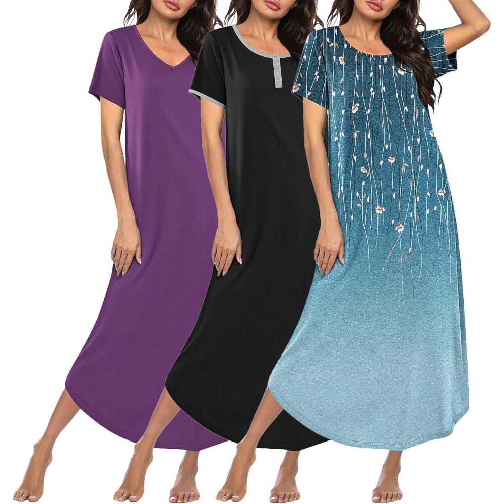 imageEkouaer 3 Pack Long Nightgowns for Women Plus Size Moo Moos Short Sleeve House Dress Button Night Gown Soft Sleepwear S5XLPurpleBlackBlue Green Floral