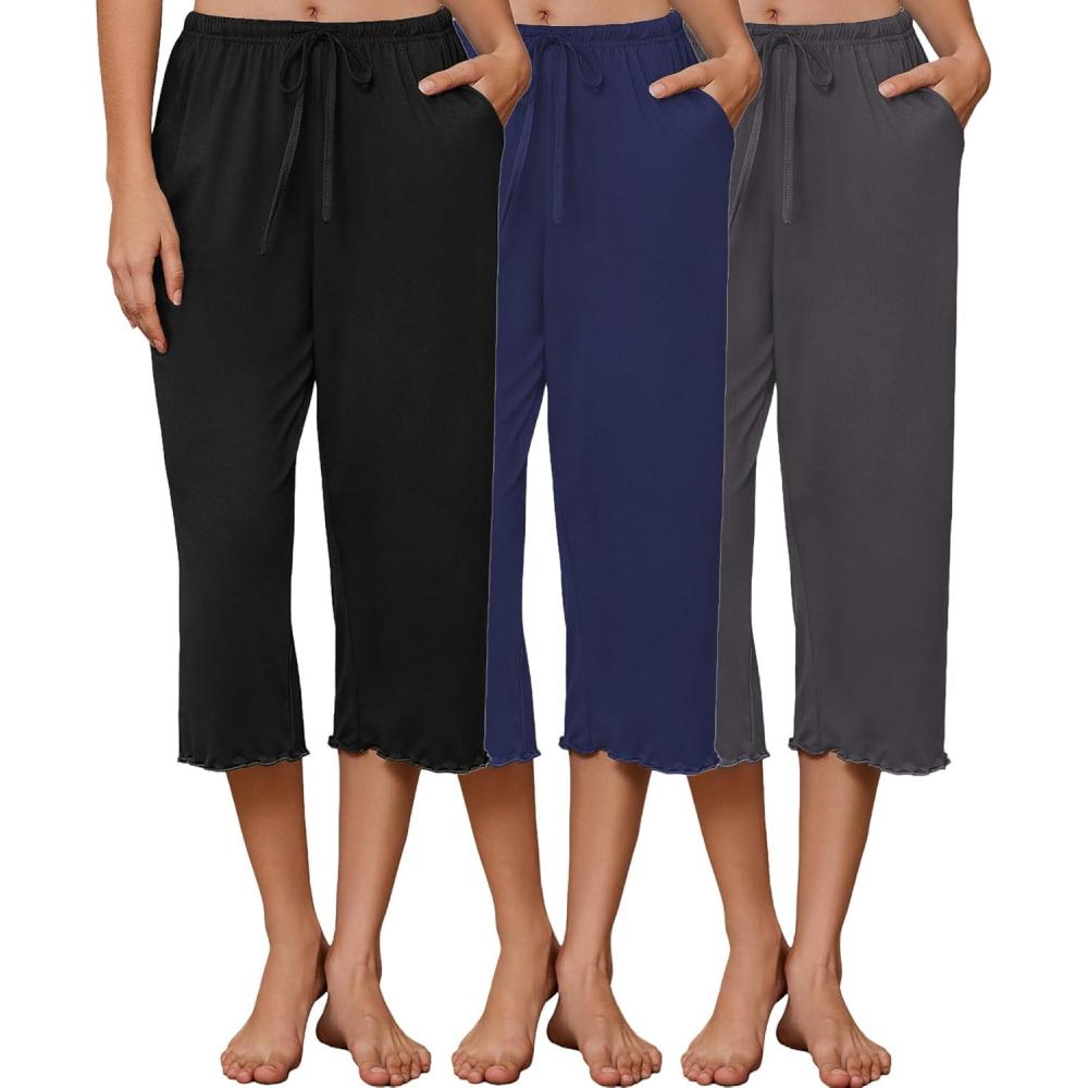 imageEkouaer 3 Pack Women Capri Pajama Pants 2026 Ruffle hem Lounge Pants Drawstring Pj Bottoms with PocketsBlack  Dark Navy  Dark Grey