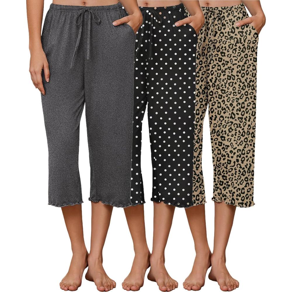 imageEkouaer 3 Pack Women Capri Pajama Pants 2026 Ruffle hem Lounge Pants Drawstring Pj Bottoms with PocketsDark Heather Grey Black Polka Dot Khaki Leopard
