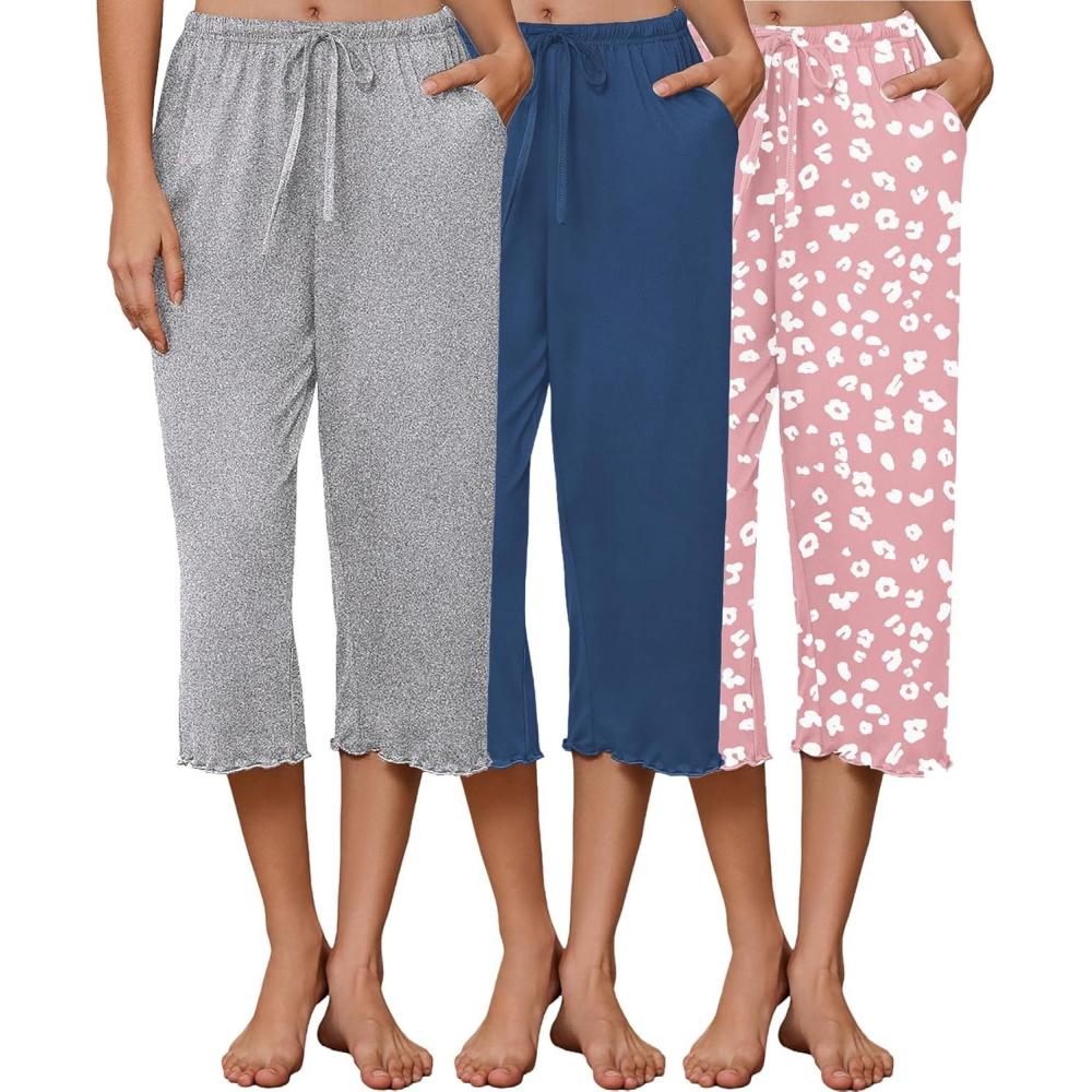 imageEkouaer 3 Pack Women Capri Pajama Pants 2026 Ruffle hem Lounge Pants Drawstring Pj Bottoms with PocketsNavy Blue Pink Leopard Dark Heather Grey