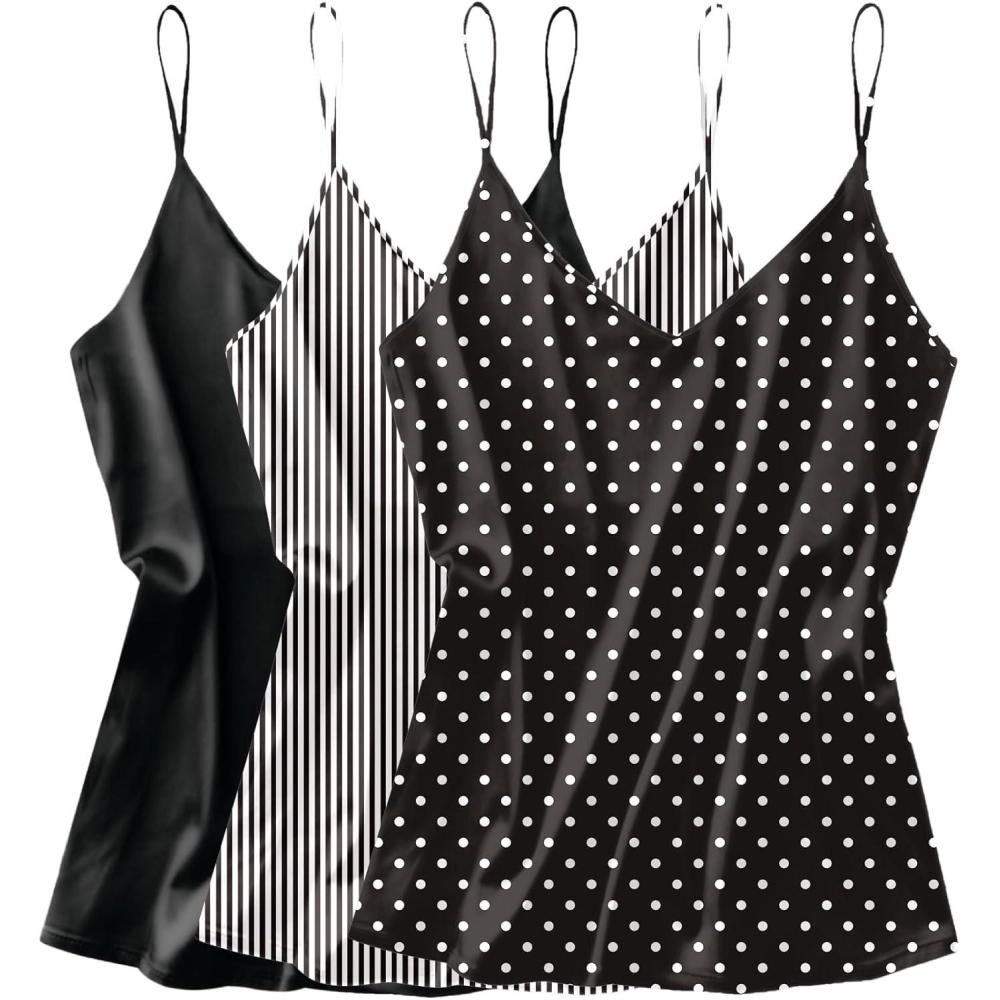 imageEkouaer 3 Pack Womens Silk Satin Tank Top V Neck Camisole Cami Spaghetti Strap Top Loose Sleeveless Blouses Tank ShirtBlackBlackwhite StripesBlack Polka Dots