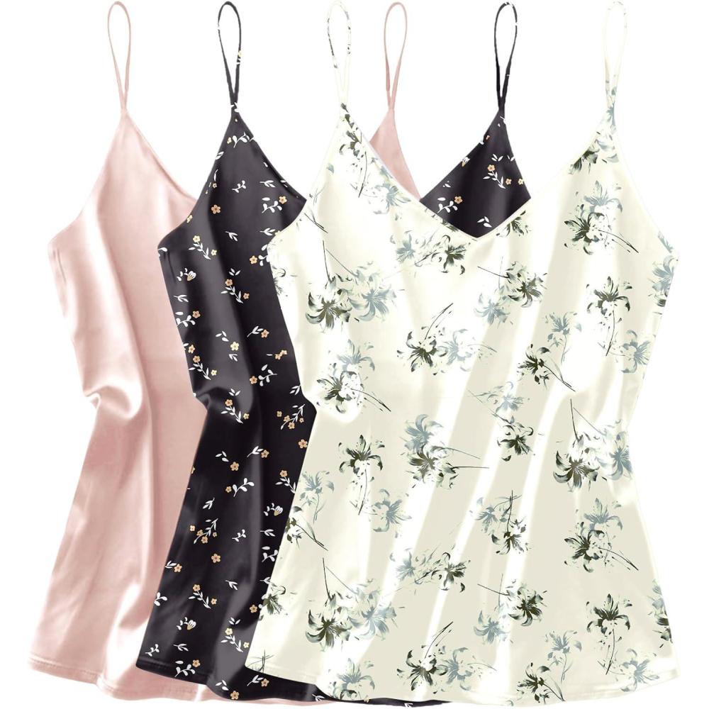imageEkouaer 3 Pack Womens Silk Satin Tank Top V Neck Camisole Cami Spaghetti Strap Top Loose Sleeveless Blouses Tank ShirtChampagneBlack FloralWhite Floral