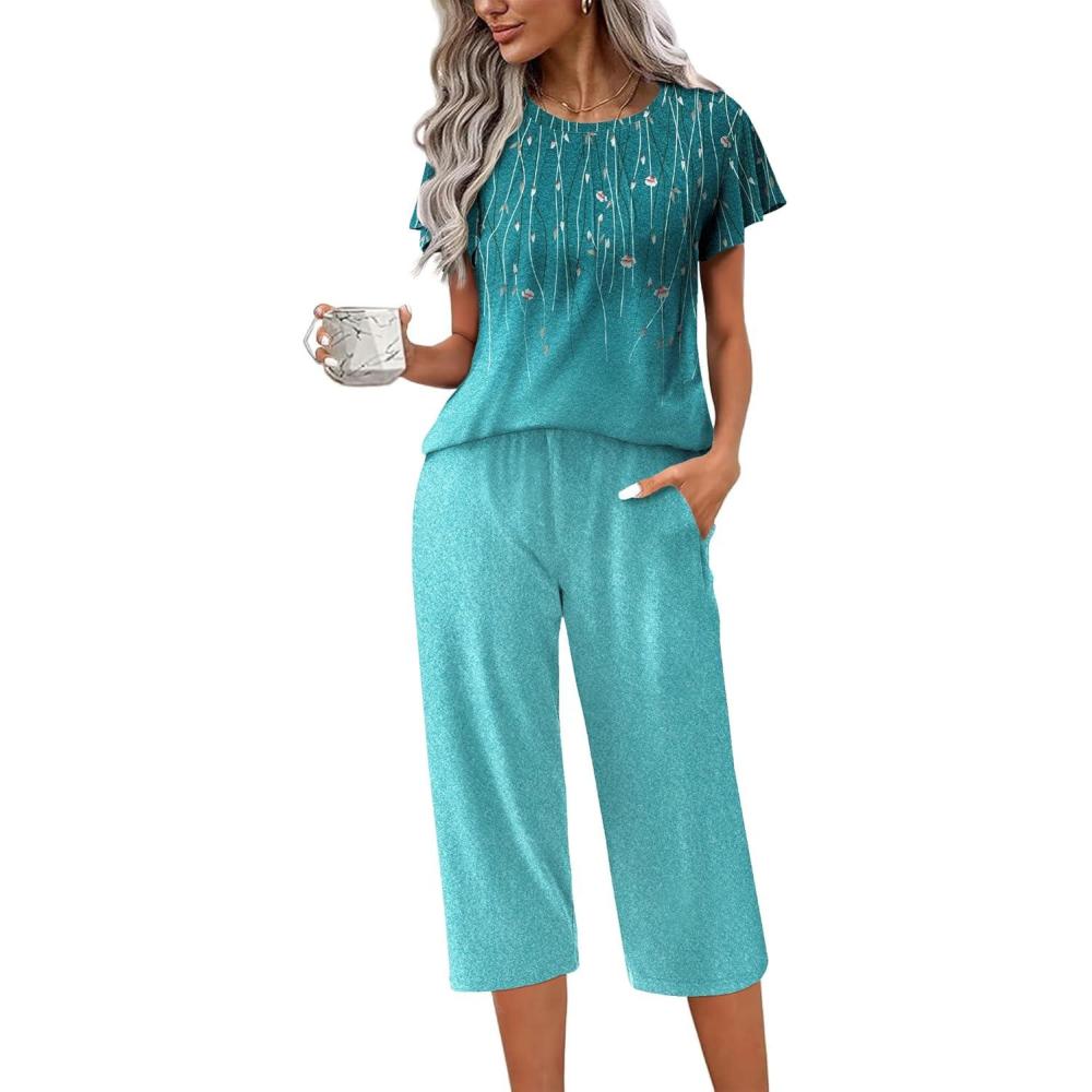 imageEkouaer Capri Pajamas Set Womens Ruffle Sleeve Top and Capri Pants Soft Sleepwear Loungewear with PocketsGreen Leaves