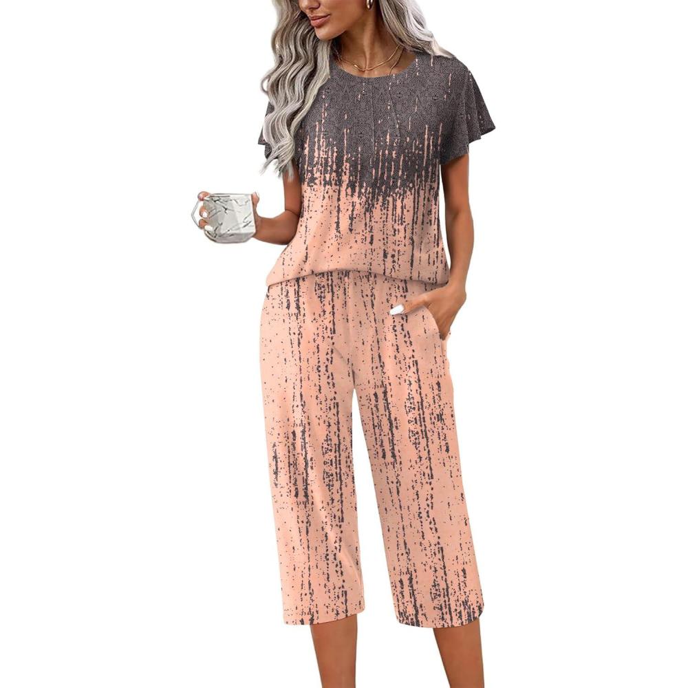 imageEkouaer Capri Pajamas Set Womens Ruffle Sleeve Top and Capri Pants Soft Sleepwear Loungewear with PocketsTiedye Greycoral