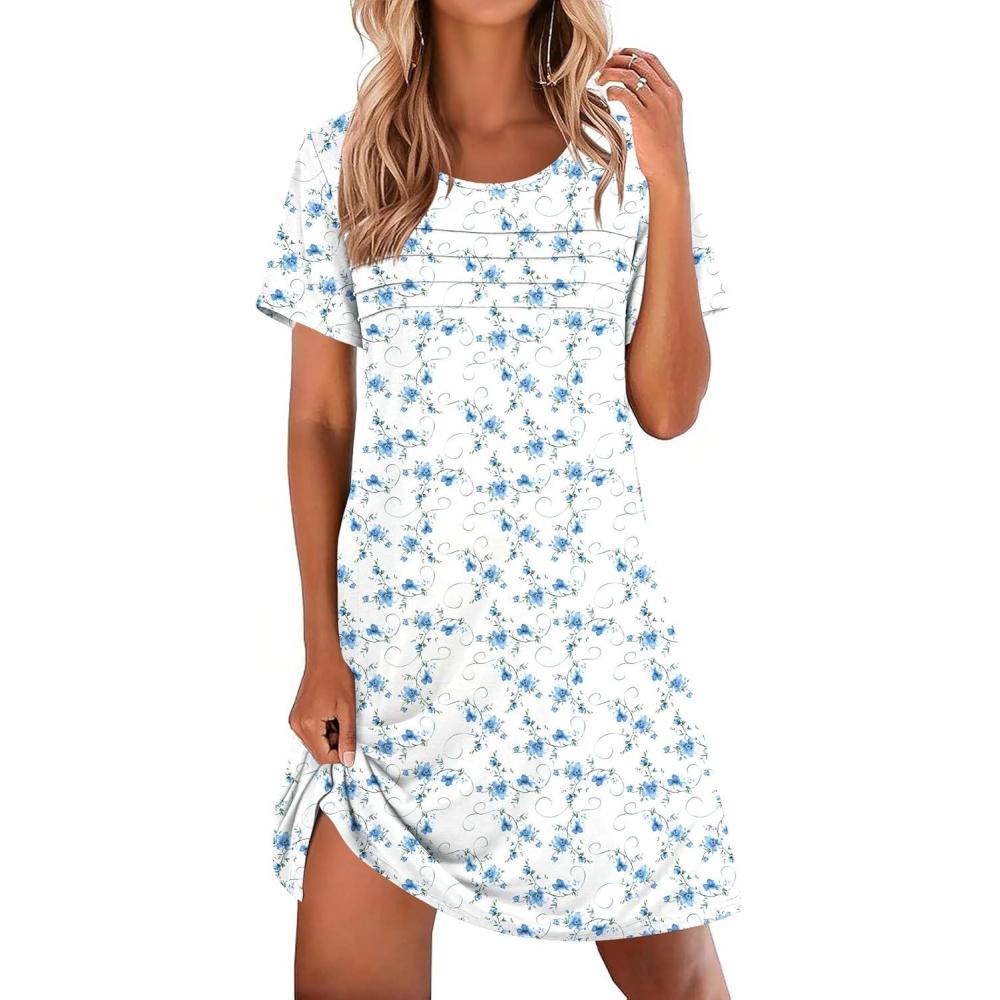 imageEkouaer Cotton Nightgowns for Women Short Sleeve Sleep Shirts Pleated Night Shirts Soft Crew Neck Night GownBlue Flowers
