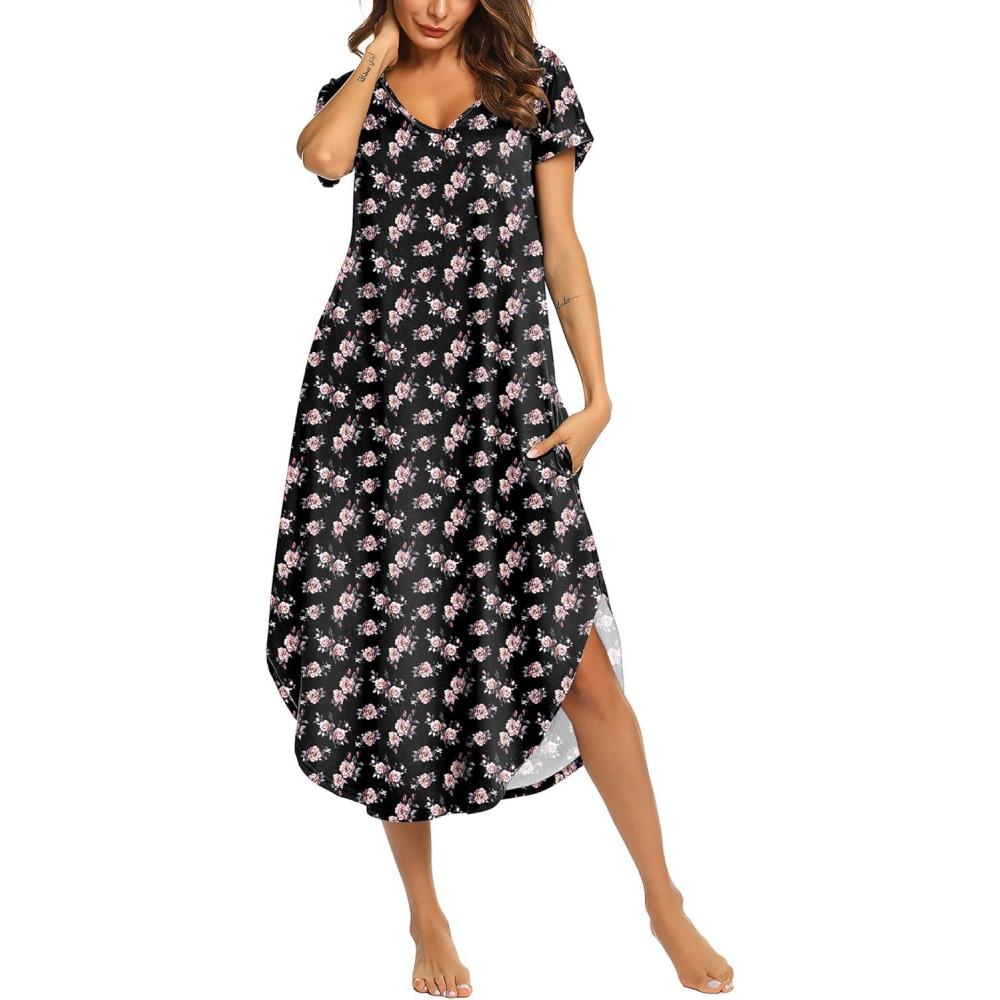imageEkouaer Long Nightgowns for Women Short Sleeve House Dress with Pockets V Neck Sleepshirts Side Split Sleepwear S4XLBlack Floral
