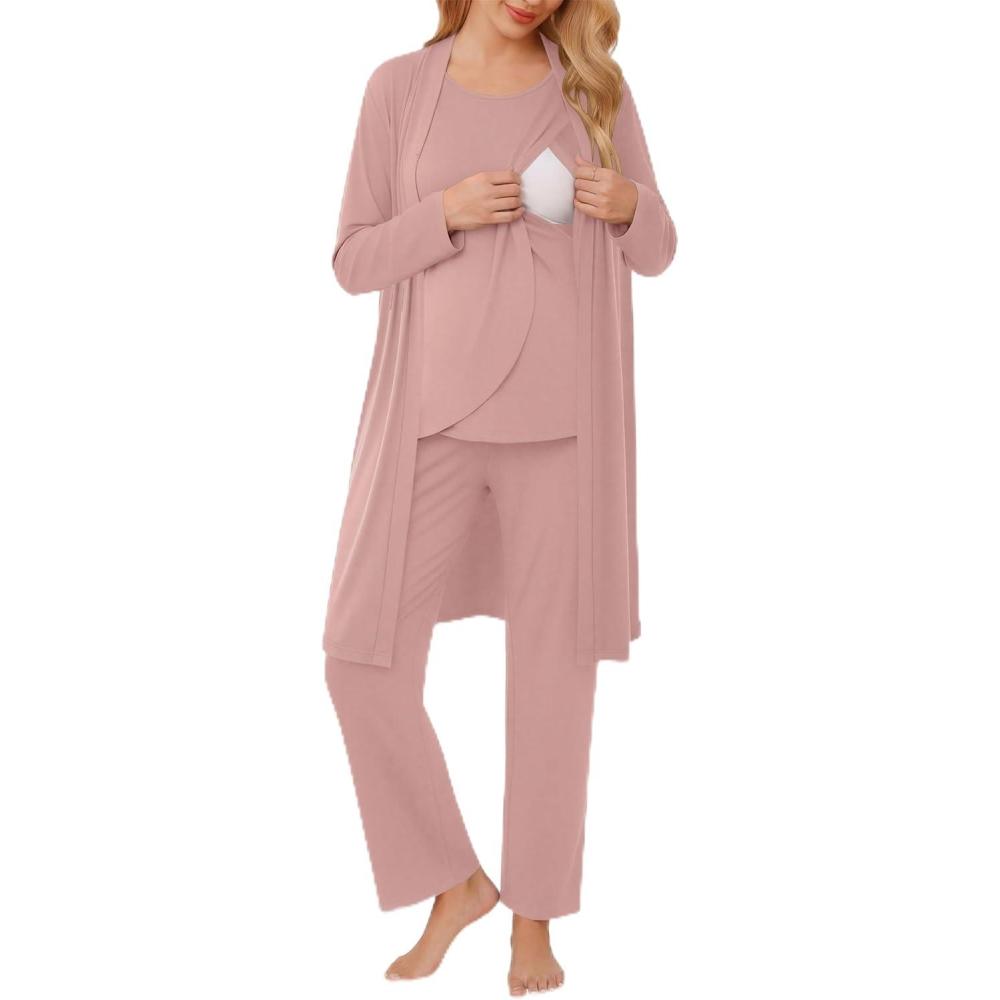 imageEkouaer Maternity Nursing Robe Set 3 Pieces Sleeveless Top Pregnancy Pants amp Robe Double Layer Pajamas SXXLDirty Rose