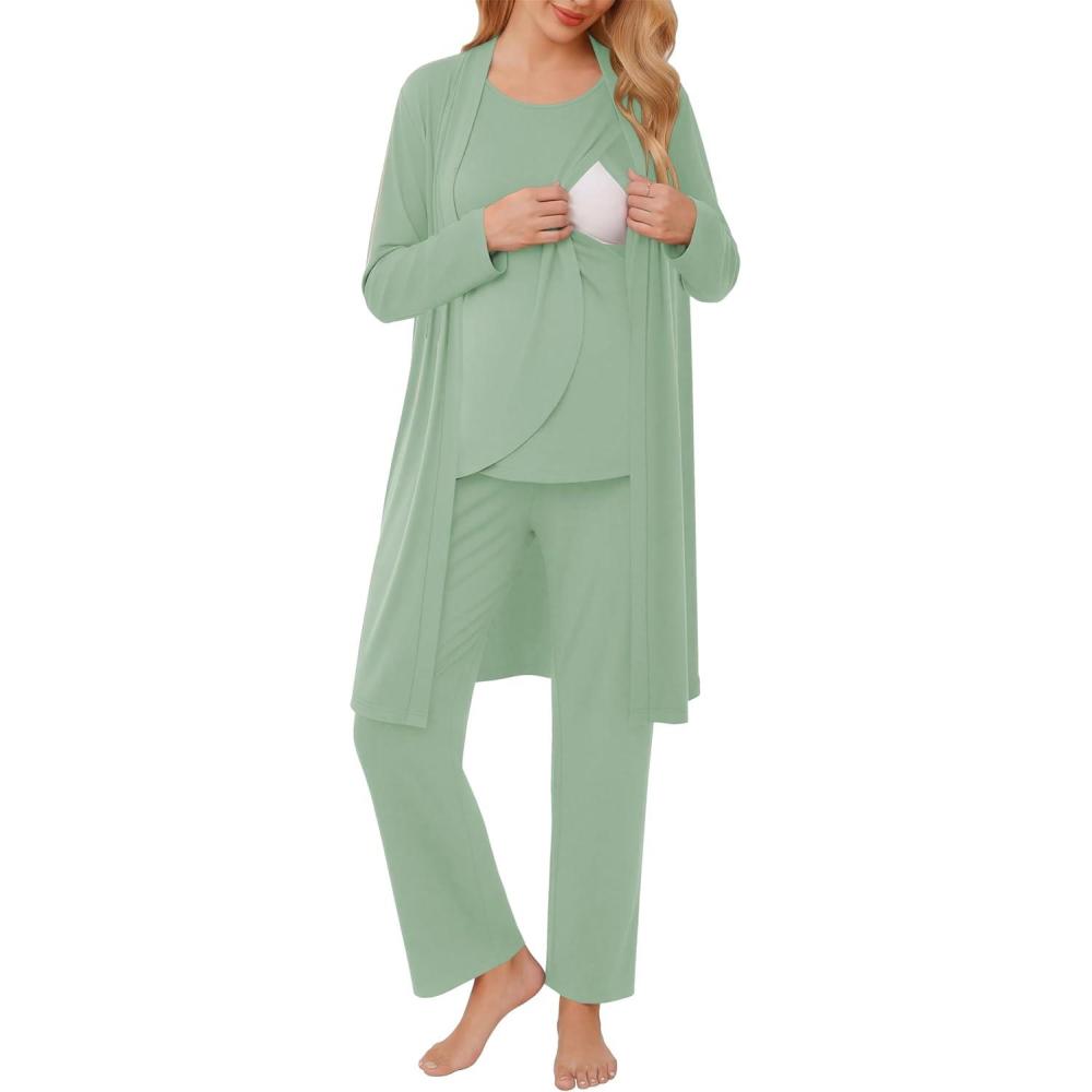 imageEkouaer Maternity Nursing Robe Set 3 Pieces Sleeveless Top Pregnancy Pants amp Robe Double Layer Pajamas SXXLLight Green