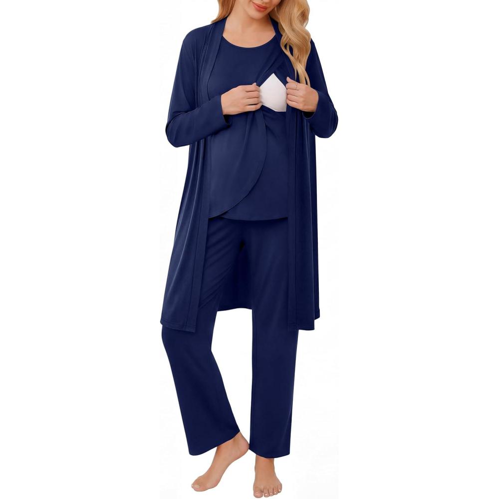 imageEkouaer Maternity Nursing Robe Set 3 Pieces Sleeveless Top Pregnancy Pants amp Robe Double Layer Pajamas SXXLNavy Blue
