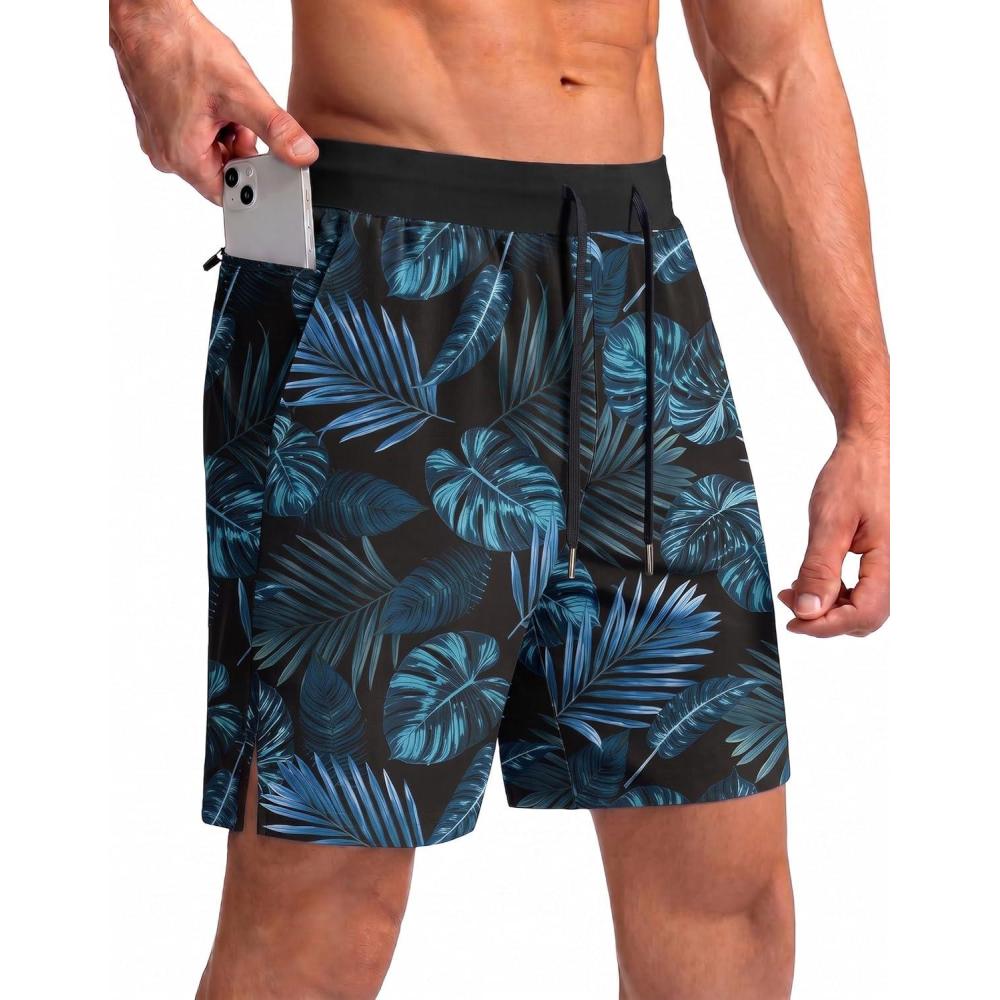 imageEkouaer Mens 7 Swim Trunks Swimwear Zip Pockets Beach Board Shorts Bathing Suits with Mesh LiningZ Black Blue Leaf