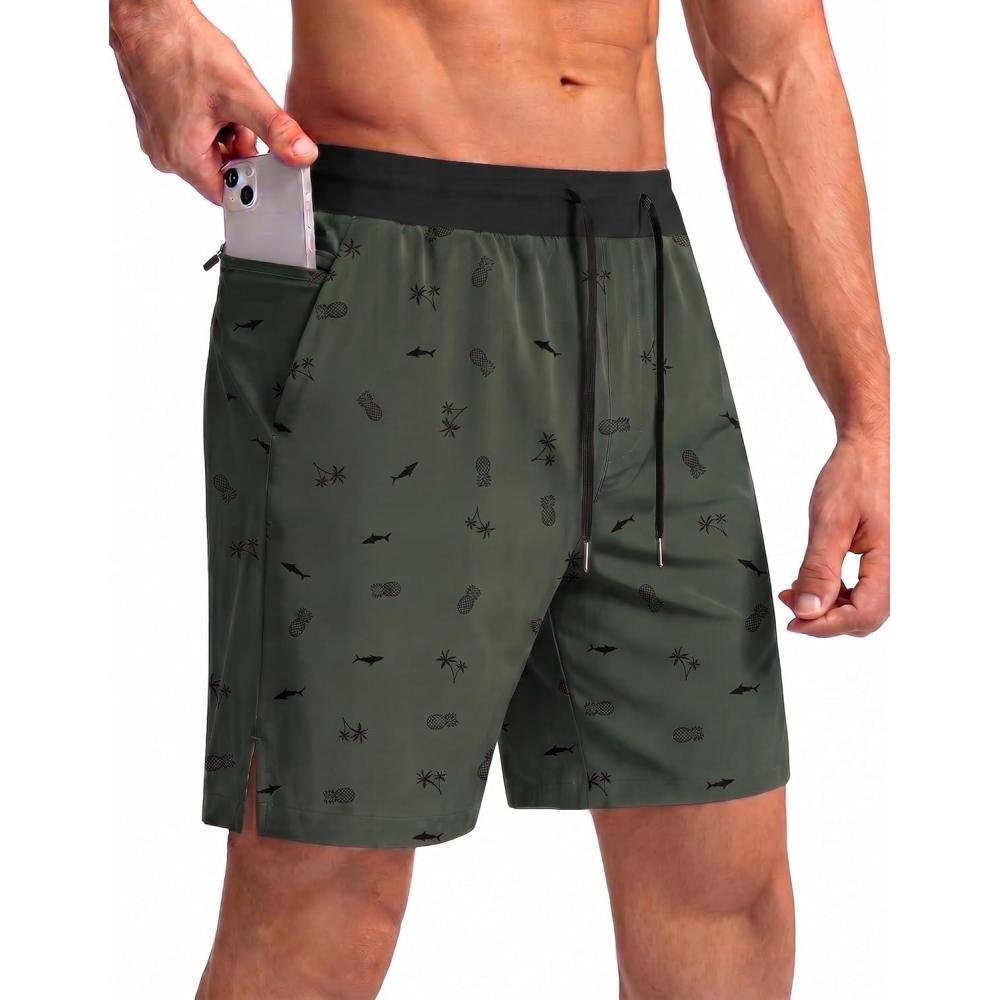 imageEkouaer Mens 7 Swim Trunks Swimwear Zip Pockets Beach Board Shorts Bathing Suits with Mesh LiningZ Dark Green Print