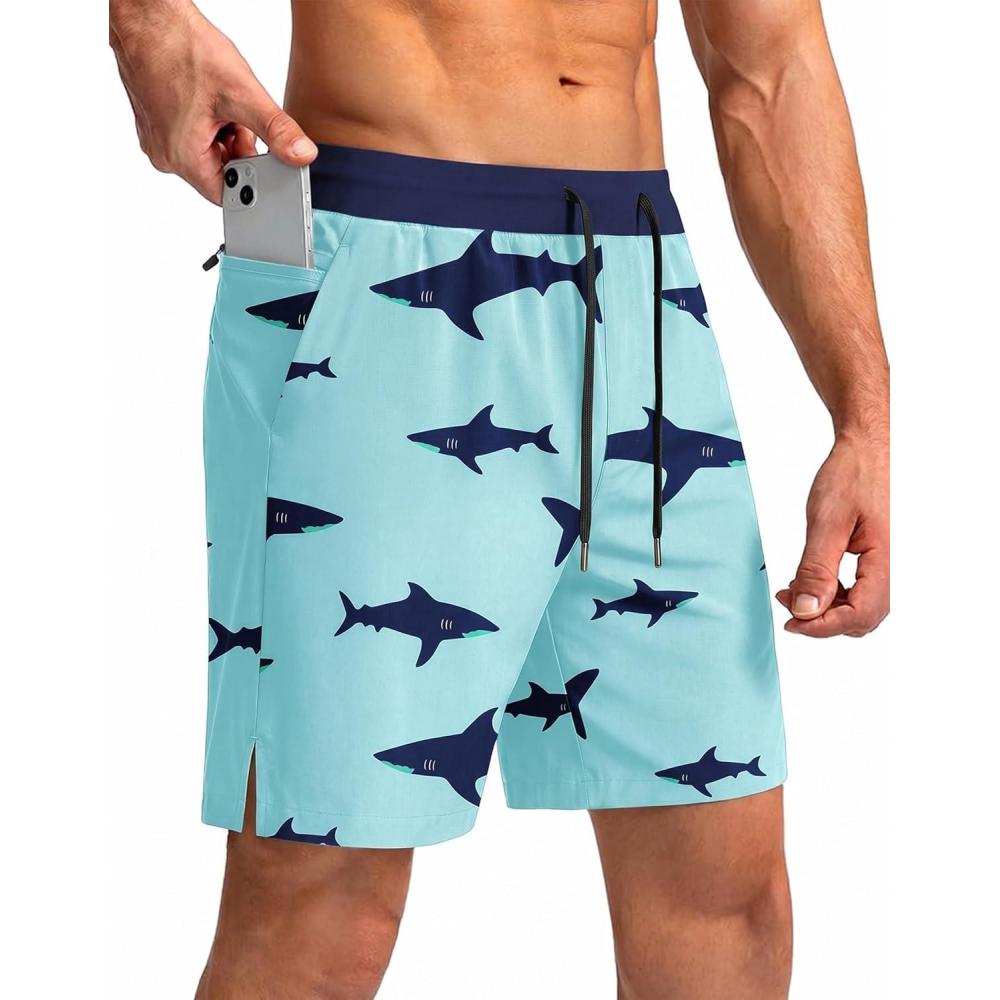 imageEkouaer Mens 7 Swim Trunks Swimwear Zip Pockets Beach Board Shorts Bathing Suits with Mesh LiningZ Green Shark
