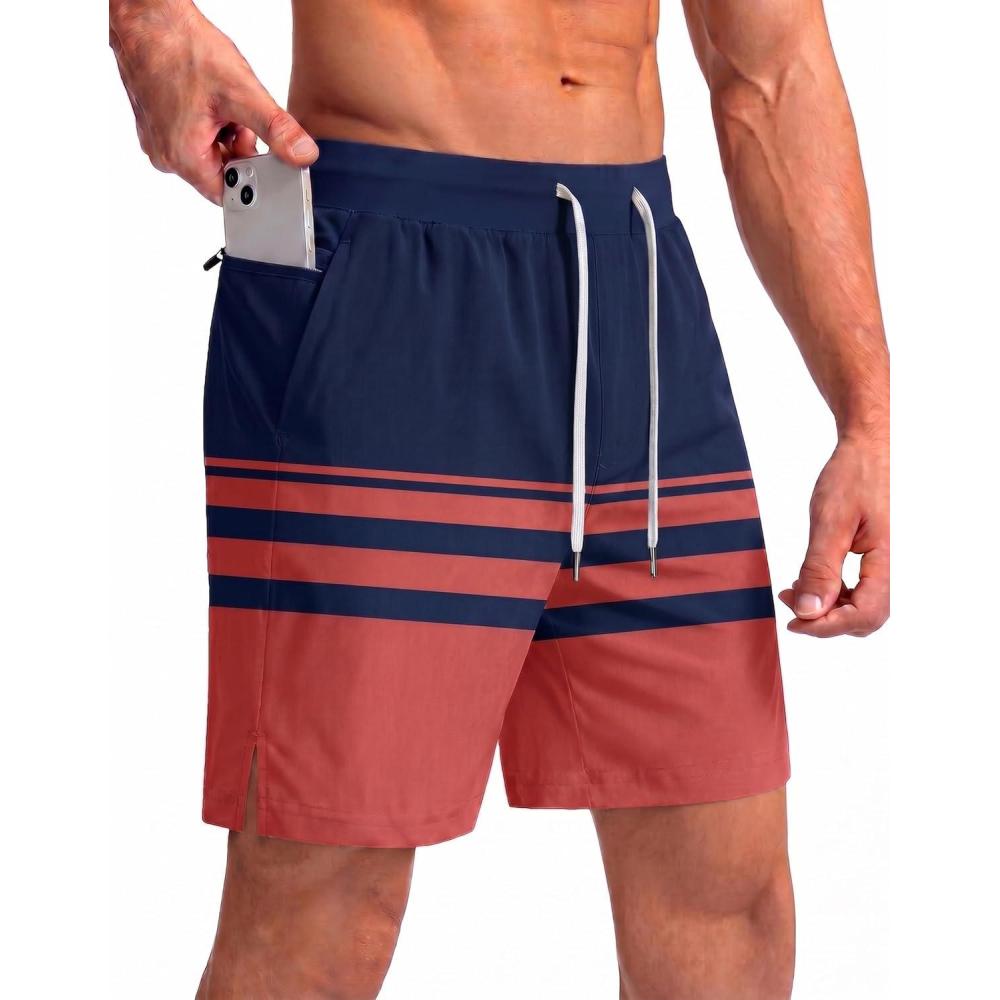 imageEkouaer Mens 7 Swim Trunks Swimwear Zip Pockets Beach Board Shorts Bathing Suits with Mesh LiningZ Stripes Navy Red