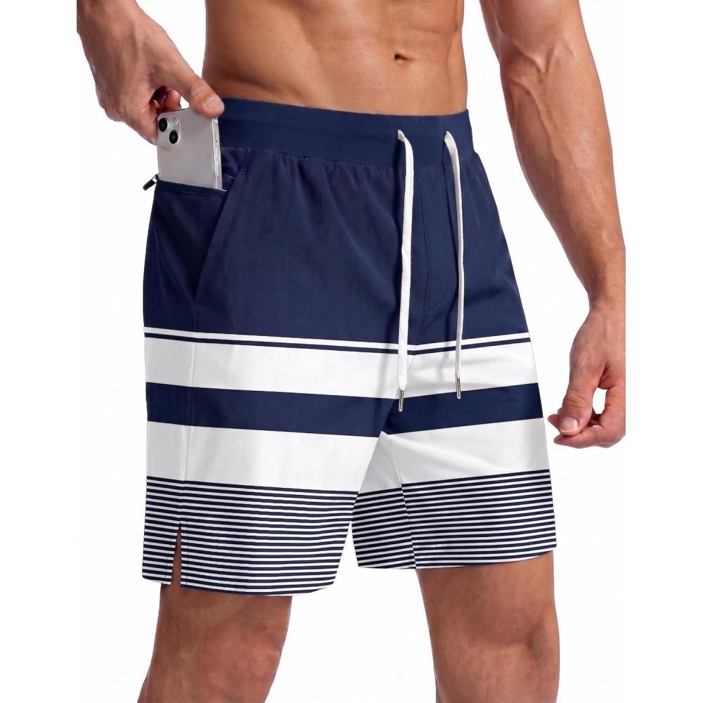imageEkouaer Mens 7 Swim Trunks Swimwear Zip Pockets Beach Board Shorts Bathing Suits with Mesh LiningZ Stripes Navy White