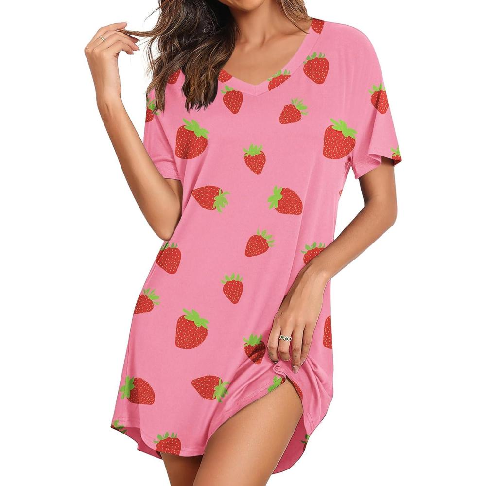 imageEkouaer Nightgowns for Women Bamboo Viscose Sleep Shirts Short Sleeve Night Shirts Casual Sleep Dress Soft SleepwearPink Strawberry