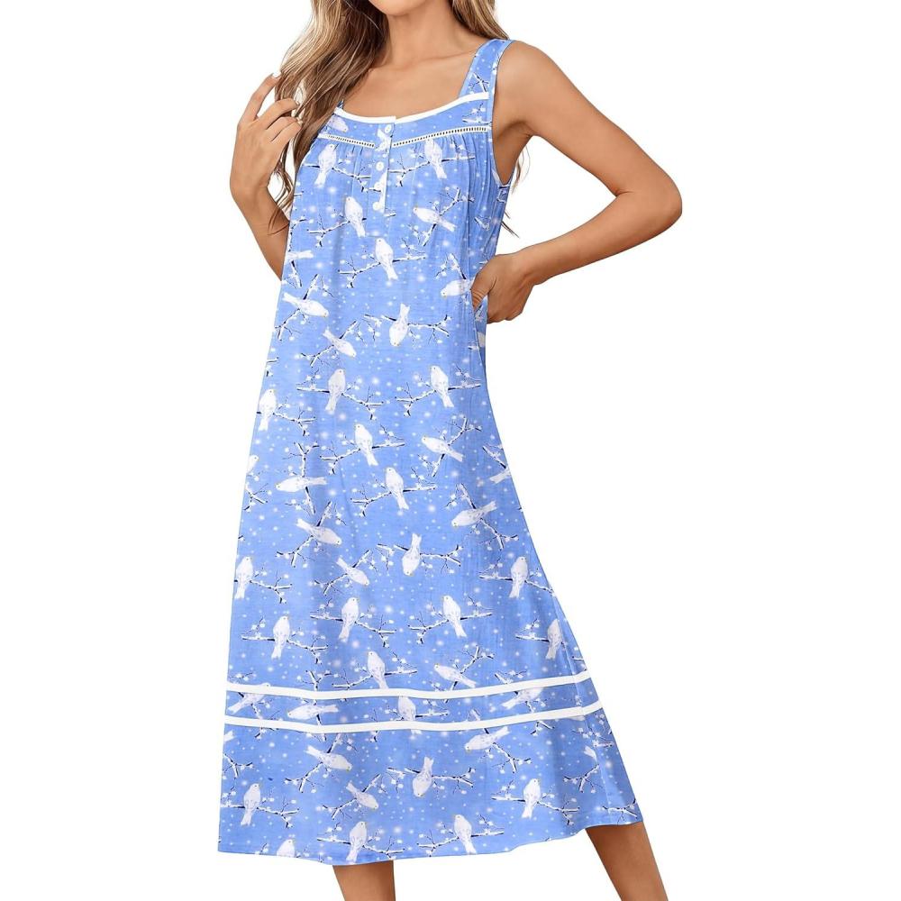 imageEkouaer Nightgowns for Women Cotton Long Night Gowns Sleeveless Sleep Dress Victorian Nightdress Ladies Sleepwear XS4XLBirds Blue