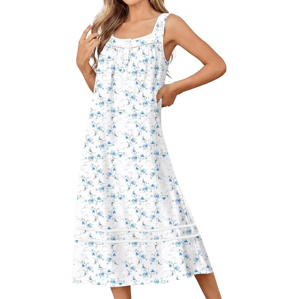 imageEkouaer Nightgowns for Women Cotton Long Night Gowns Sleeveless Sleep Dress Victorian Nightdress Ladies Sleepwear XS4XLBlue Flowers White