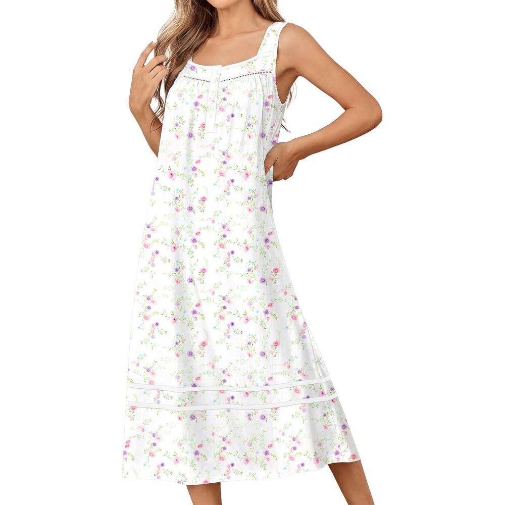 imageEkouaer Nightgowns for Women Cotton Long Night Gowns Sleeveless Sleep Dress Victorian Nightdress Ladies Sleepwear XS4XLLittle Flowers White