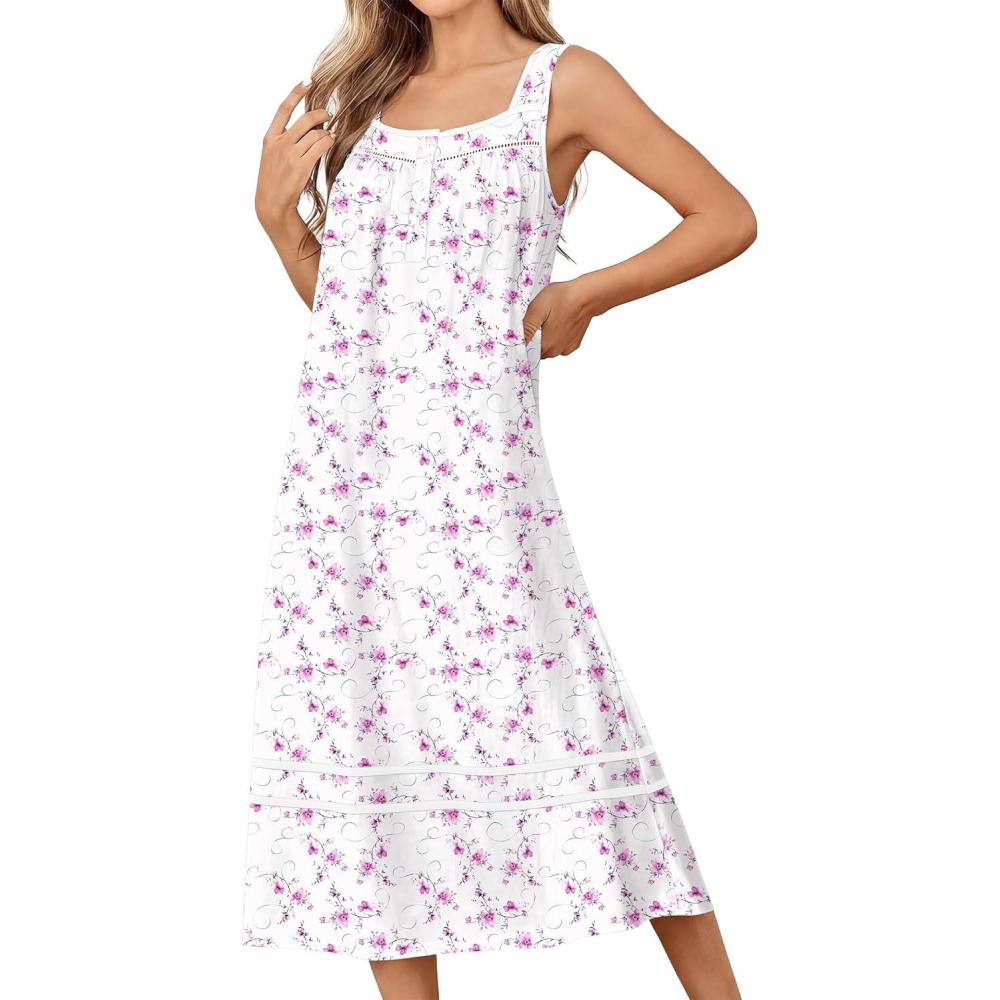 imageEkouaer Nightgowns for Women Cotton Long Night Gowns Sleeveless Sleep Dress Victorian Nightdress Ladies Sleepwear XS4XLPink Flower White