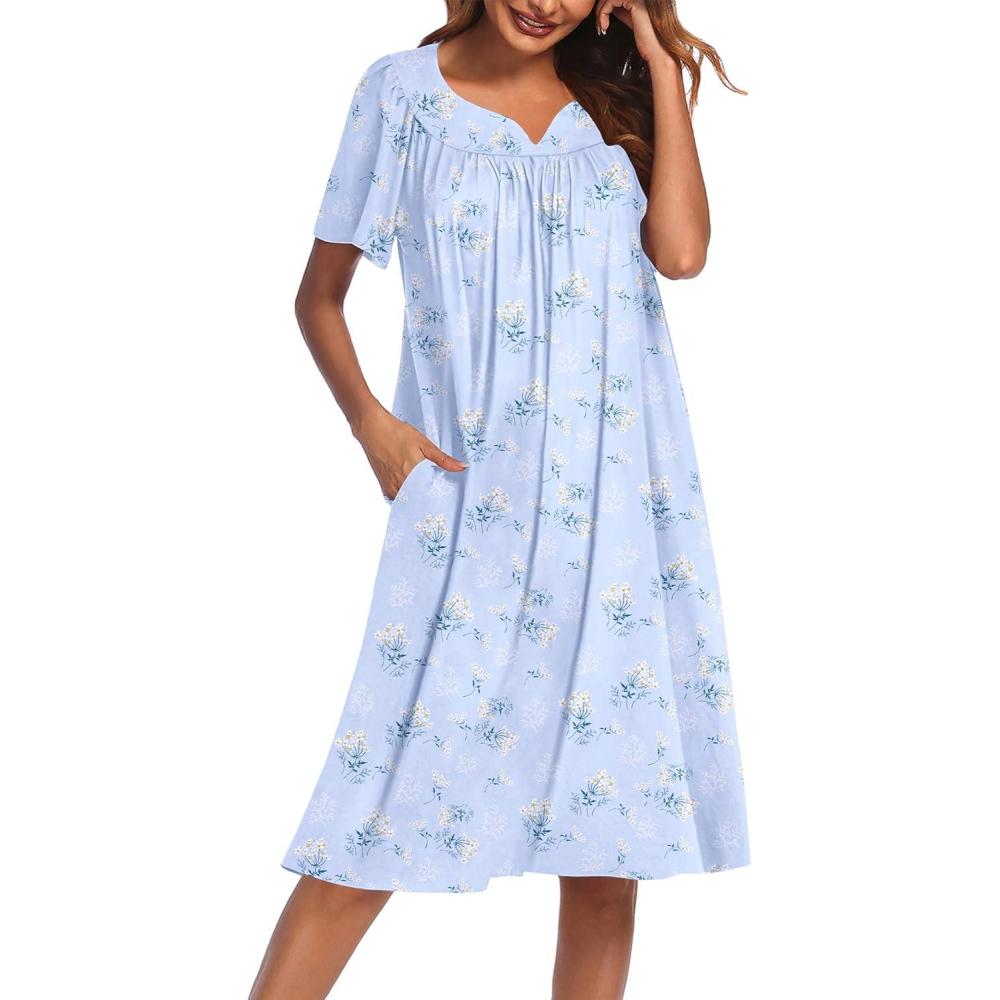 imageEkouaer Nightgowns for Women Cotton Nightgown House Dress with Pockets Short Sleeve Mumu Dress Embroidered Lounge DressBlue Floral