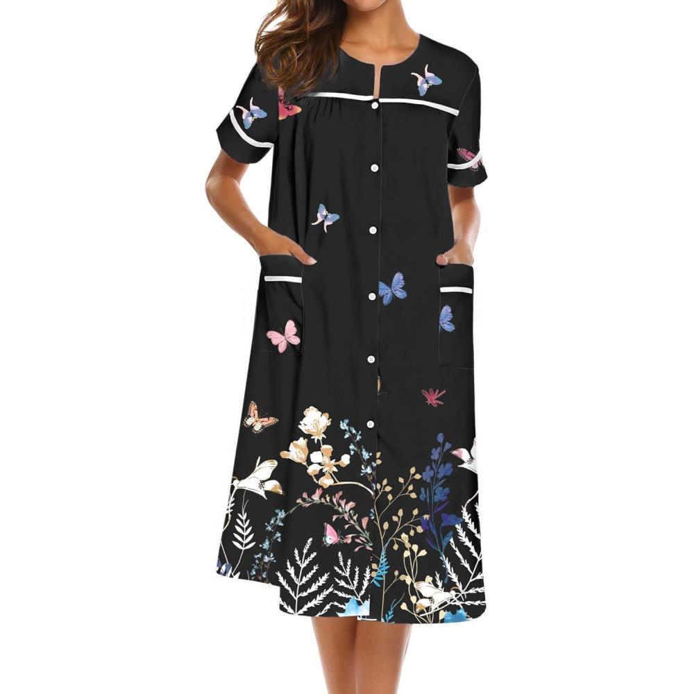 imageEkouaer Nightgowns for Women House Dress with Pockets Short Sleeve Duster Moo Moos Button Down House Coat SleepwearBlack Butterfly