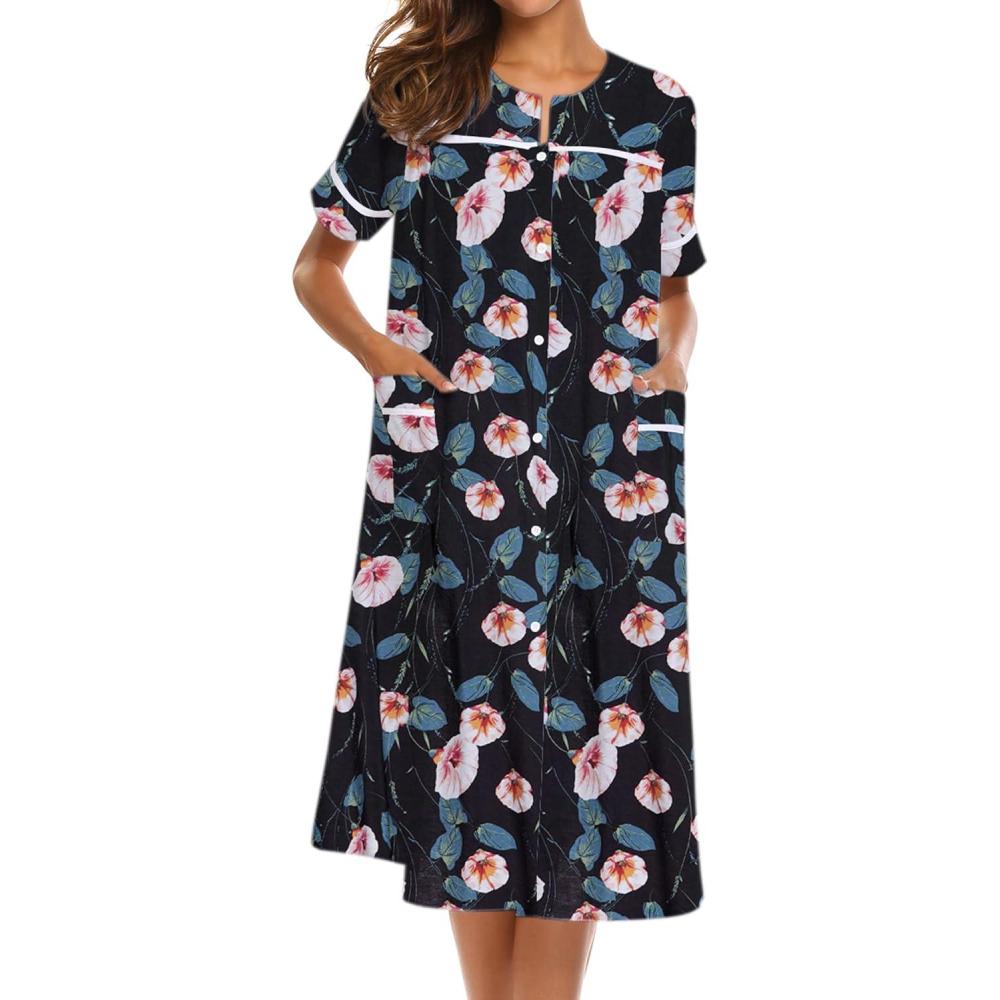 imageEkouaer Nightgowns for Women House Dress with Pockets Short Sleeve Duster Moo Moos Button Down House Coat SleepwearBlack Petunias