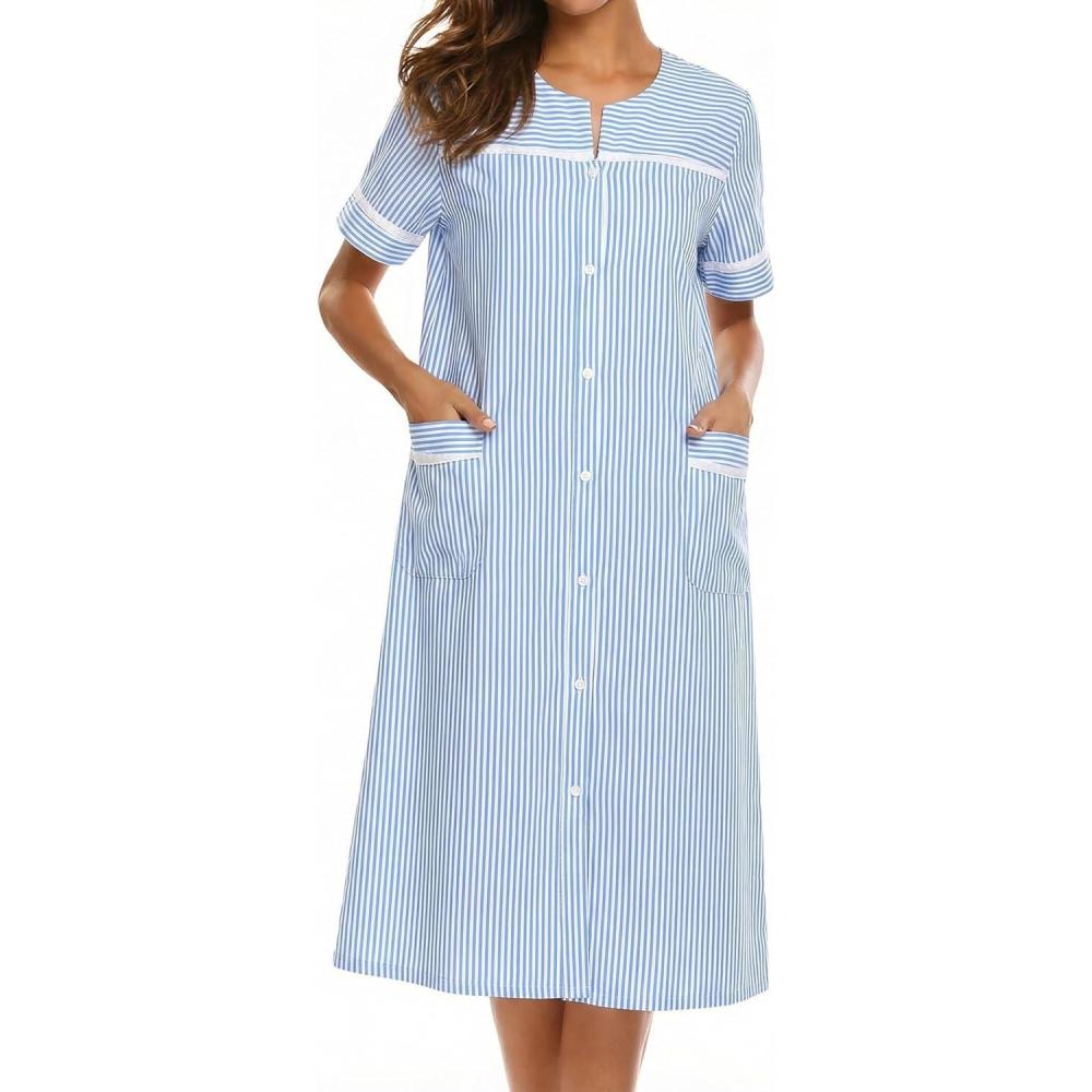 imageEkouaer Nightgowns for Women House Dress with Pockets Short Sleeve Duster Moo Moos Button Down House Coat SleepwearBlue Stripes