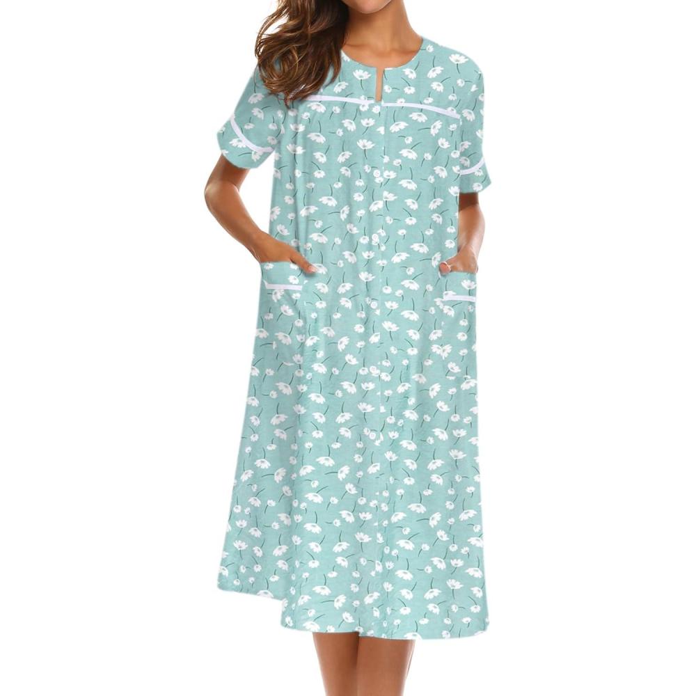imageEkouaer Nightgowns for Women House Dress with Pockets Short Sleeve Duster Moo Moos Button Down House Coat SleepwearGreen Flower