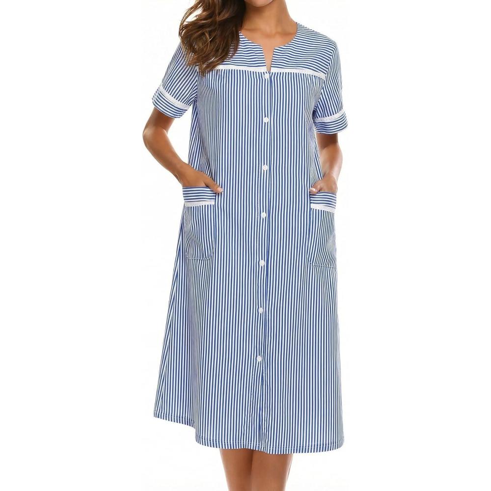 imageEkouaer Nightgowns for Women House Dress with Pockets Short Sleeve Duster Moo Moos Button Down House Coat SleepwearNavy Stripes